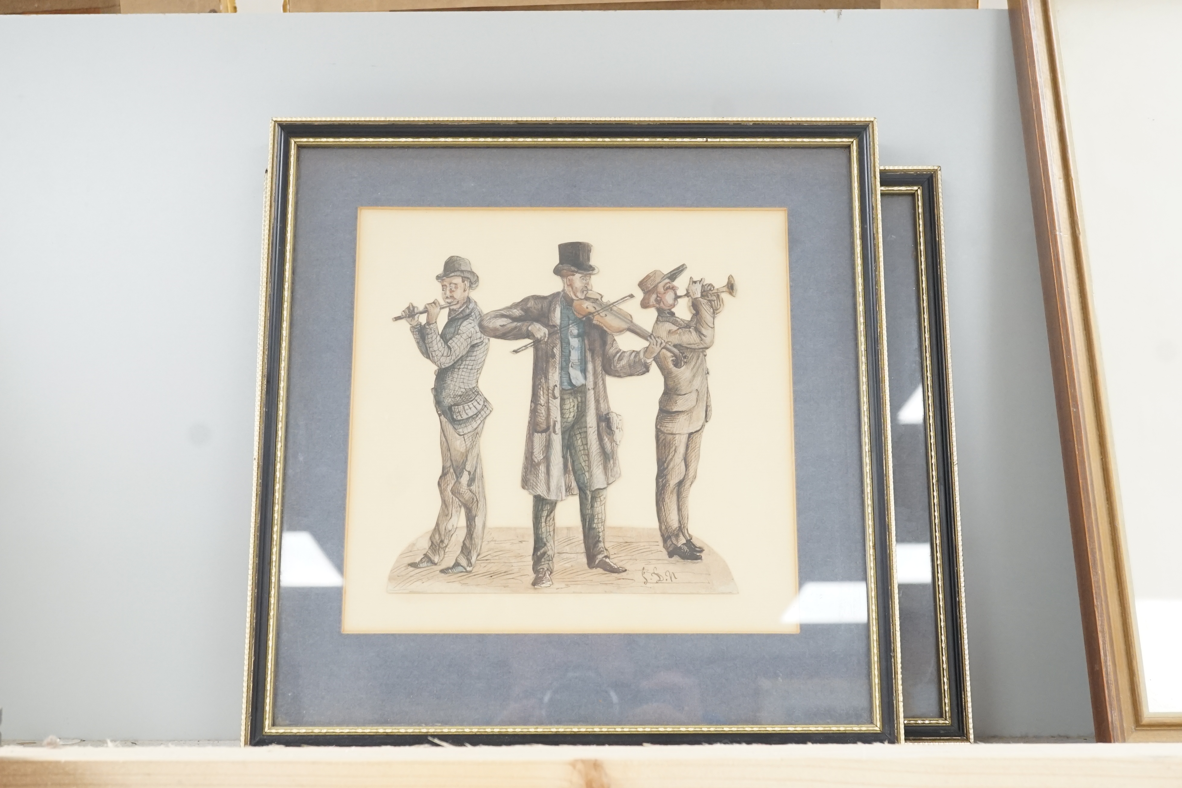 J.D. Nichols (19th C.), four ink and watercolour cut-out studies of musicians and dancers, signed and initialled, largest 17 x 22cm